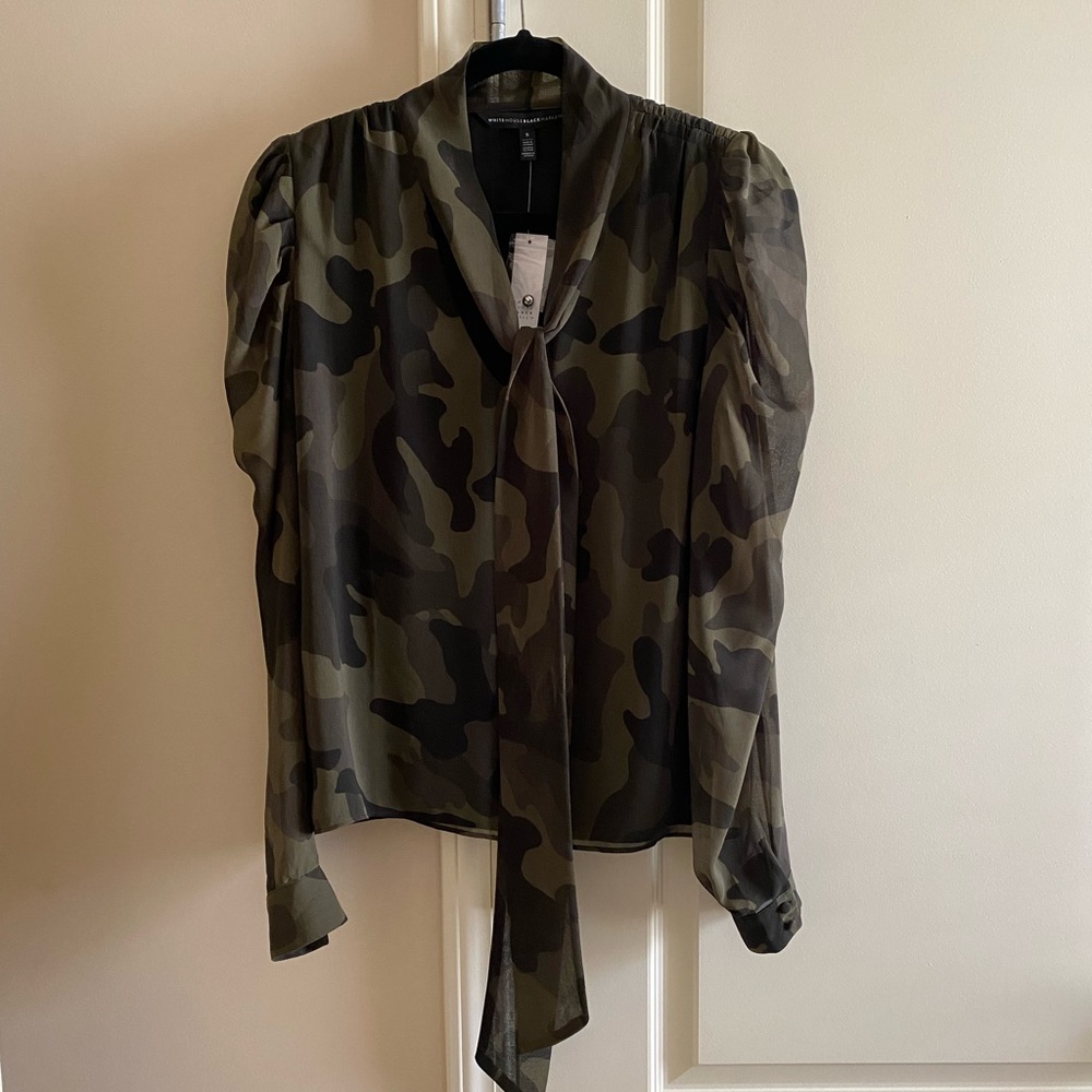 White House Black Market l/s puff sleeve tie neck blouse